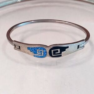 Vtg Signed MEXICO Silver Turquoise & Black Inlay Cuff Bangle Aztec Bracelet